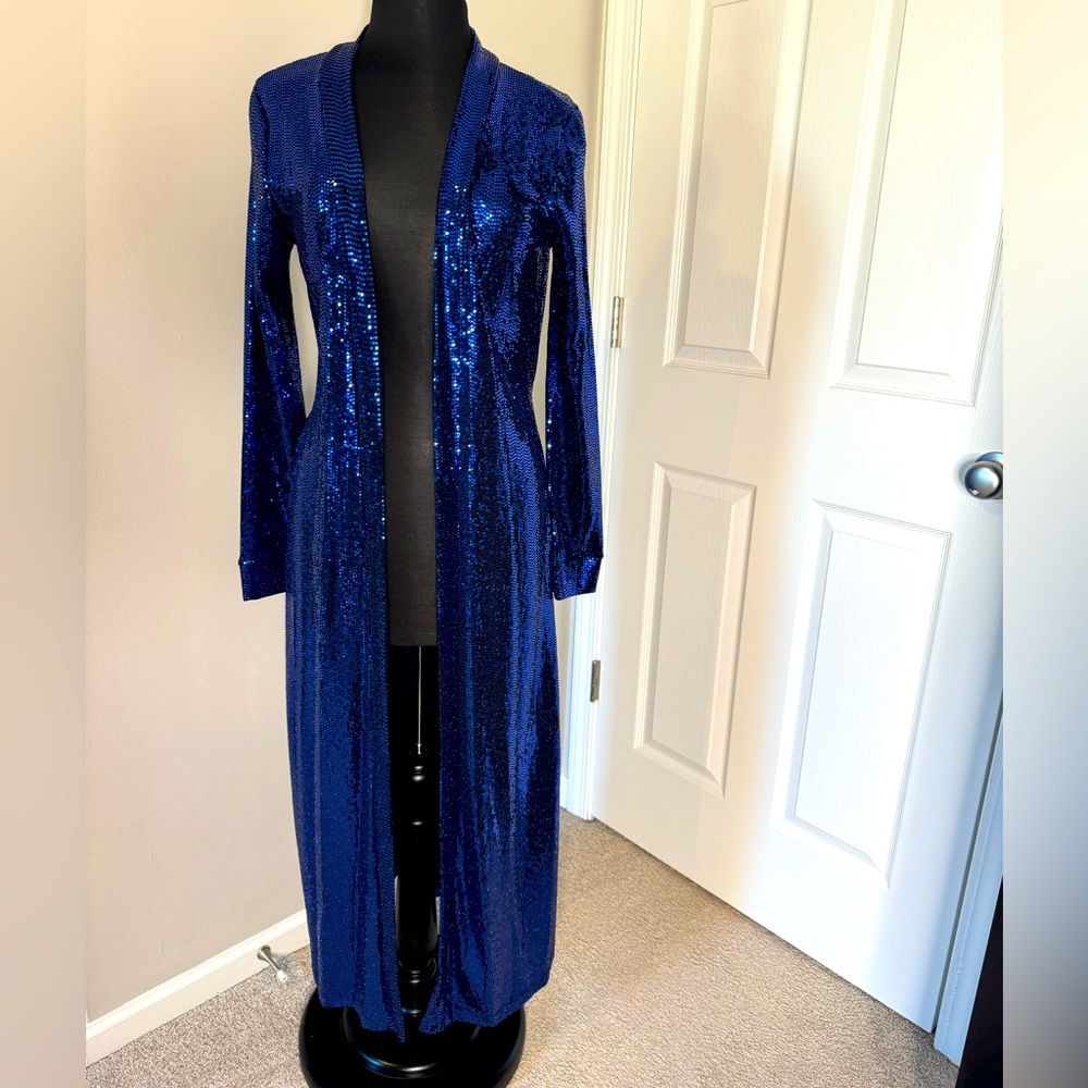 Midnight blue max  length sequence belted cardigan
